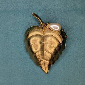 Vintage Avon Gold Leaf Solid Perfume Compact Pin Brooch with Faux Pearl Accent